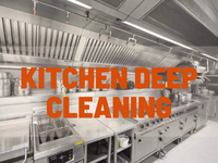 Orange text kicthen deep cleaning with the big silver kitchen with many devices on the background